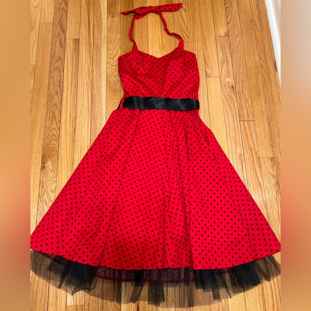 NWT: Vintage / Retro Red Polka Dot Fit-and-Flare Dress with Black Waistband